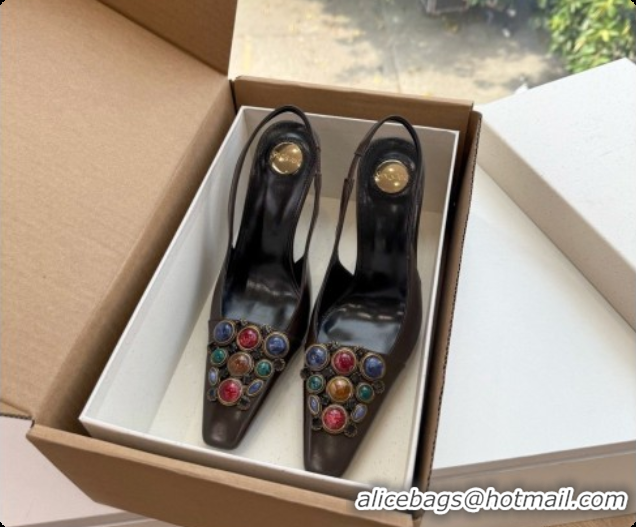 Good Quality Saint Laurent ICELAND Slingback Pumps in Smooth leather and Crystals Dark Brown 6091513 2026