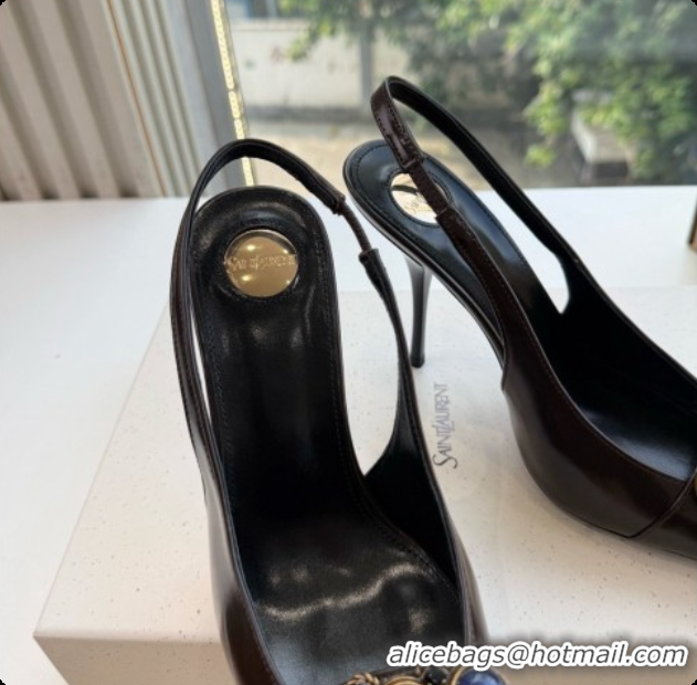 Good Quality Saint Laurent ICELAND Slingback Pumps in Smooth leather and Crystals Dark Brown 6091513 2026