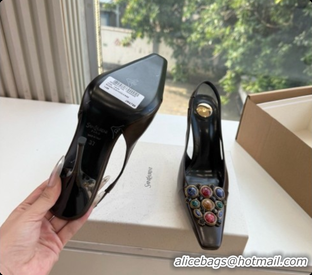 Good Quality Saint Laurent ICELAND Slingback Pumps in Smooth leather and Crystals Dark Brown 6091513 2026