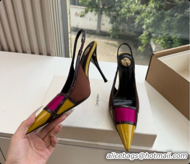 Best Quality Saint Laurent JAZZ slingback pumps in satin crepe and patent leather Chocolate/Purple 6091514 2026
