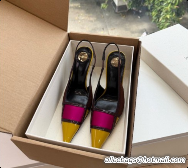 Best Quality Saint Laurent JAZZ slingback pumps in satin crepe and patent leather Chocolate/Purple 6091514 2026