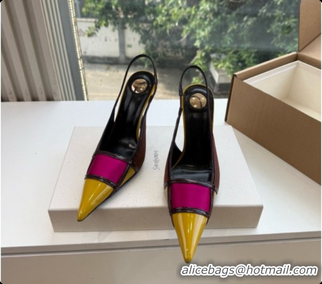 Best Quality Saint Laurent JAZZ slingback pumps in satin crepe and patent leather Chocolate/Purple 6091514 2026