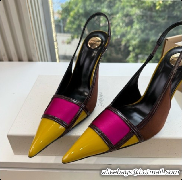 Best Quality Saint Laurent JAZZ slingback pumps in satin crepe and patent leather Chocolate/Purple 6091514 2026