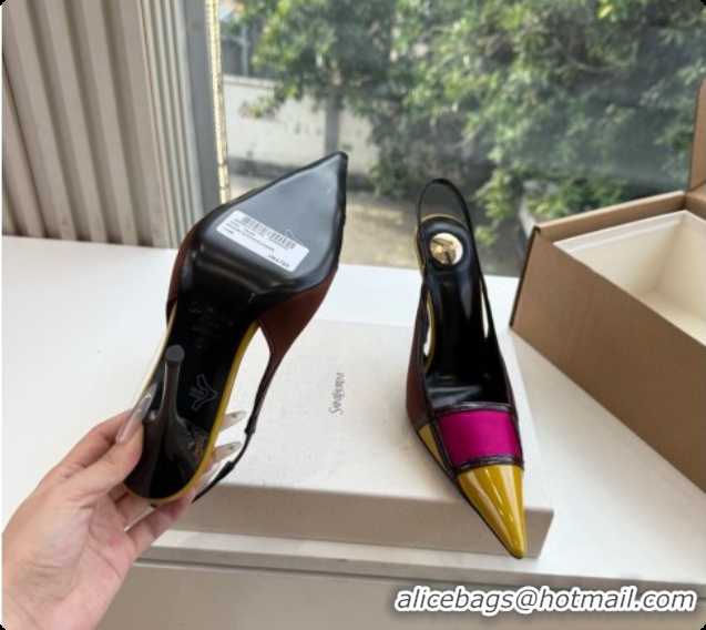 Best Quality Saint Laurent JAZZ slingback pumps in satin crepe and patent leather Chocolate/Purple 6091514 2026