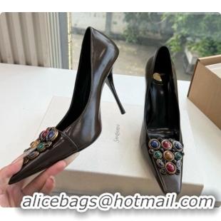 Good Product Saint Laurent ICELAND Pumps in Smooth leather and Crystals Dark Brown 6091518 2026