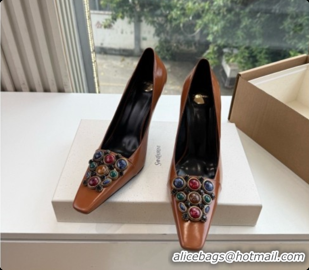 Shop Duplicate Saint Laurent ICELAND Pumps in Smooth leather and Crystals Brown 6091520 2026