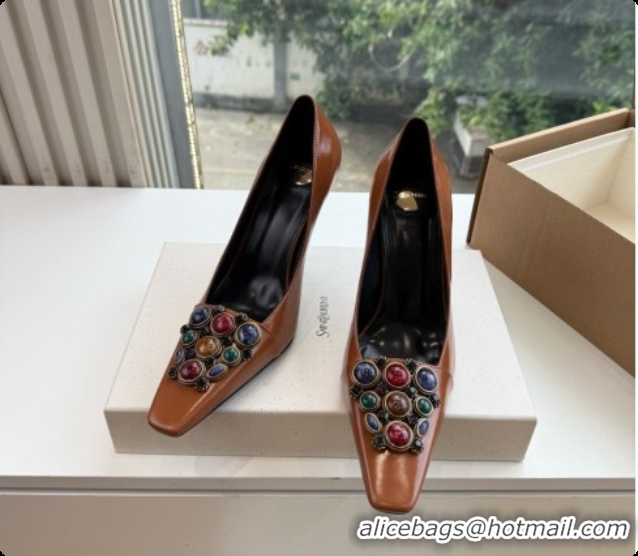 Shop Duplicate Saint Laurent ICELAND Pumps in Smooth leather and Crystals Brown 6091520 2026