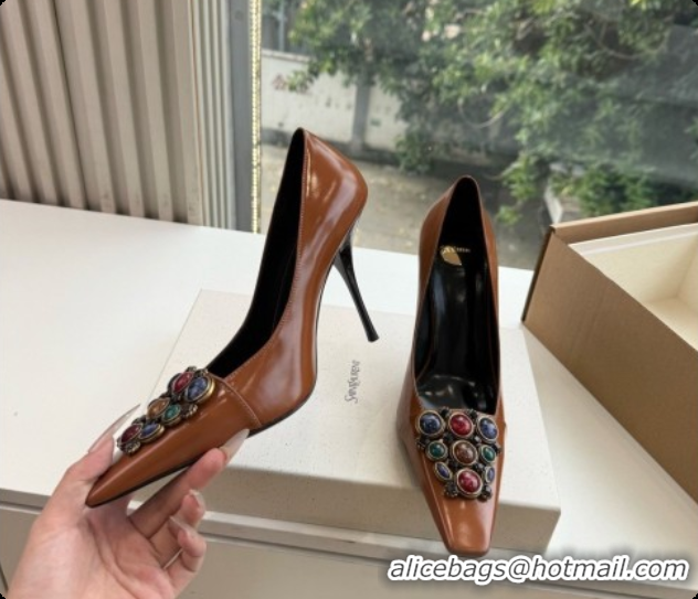 Shop Duplicate Saint Laurent ICELAND Pumps in Smooth leather and Crystals Brown 6091520 2026