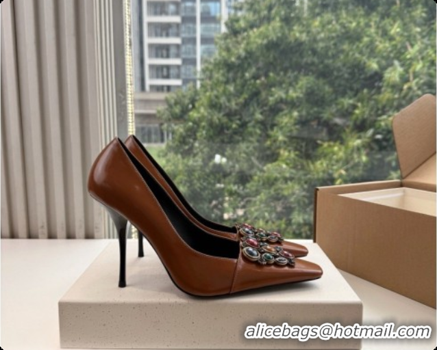 Shop Duplicate Saint Laurent ICELAND Pumps in Smooth leather and Crystals Brown 6091520 2026