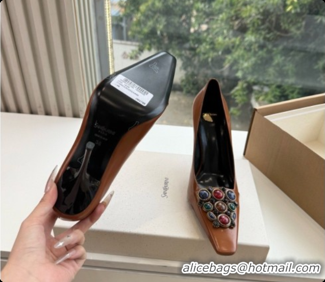 Shop Duplicate Saint Laurent ICELAND Pumps in Smooth leather and Crystals Brown 6091520 2026
