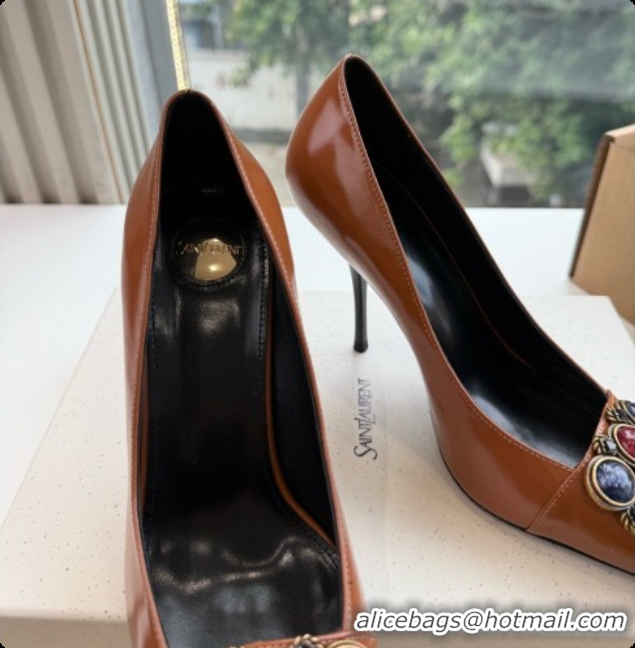 Shop Duplicate Saint Laurent ICELAND Pumps in Smooth leather and Crystals Brown 6091520 2026