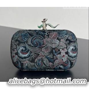Original Cheap Bottega Veneta Knot Clutch with Flower Clasp in Jacquard Velvet BV040162 Blue/Red/Black 2026