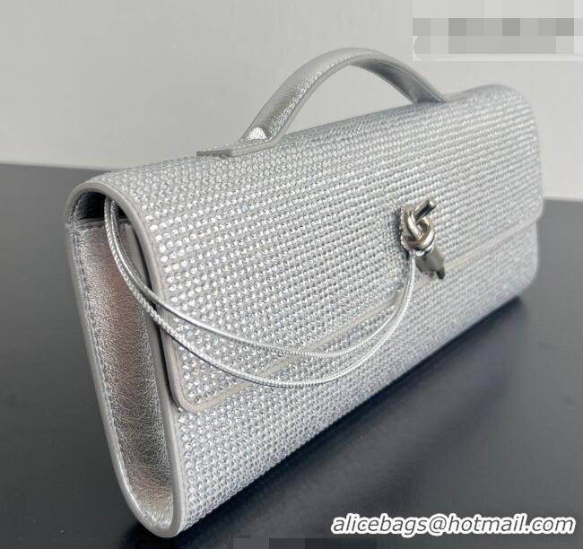 New Fashion Bottega Veneta Long Clutch Bag Andiamo in Suede and Crystals 844124 Silver 2026