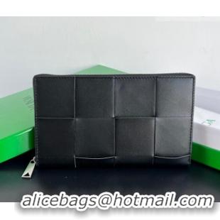 Unique Grade Bottega Veneta Men's Cassette Zip Around Wallet in Intreccio Leather 814649 Black/Green 2026