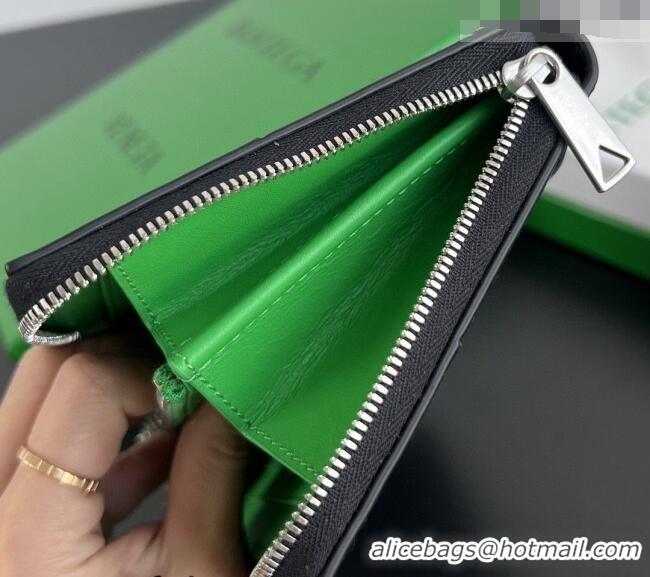 Unique Grade Bottega Veneta Men's Cassette Zip Around Wallet in Intreccio Leather 814649 Black/Green 2026