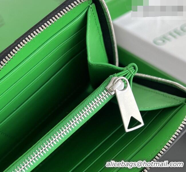 Unique Grade Bottega Veneta Men's Cassette Zip Around Wallet in Intreccio Leather 814649 Black/Green 2026