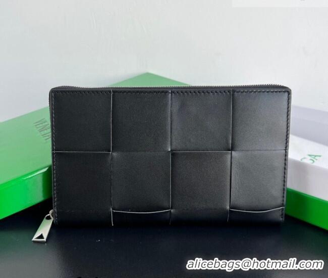 Unique Grade Bottega Veneta Men's Cassette Zip Around Wallet in Intreccio Leather 814649 Black/Green 2026