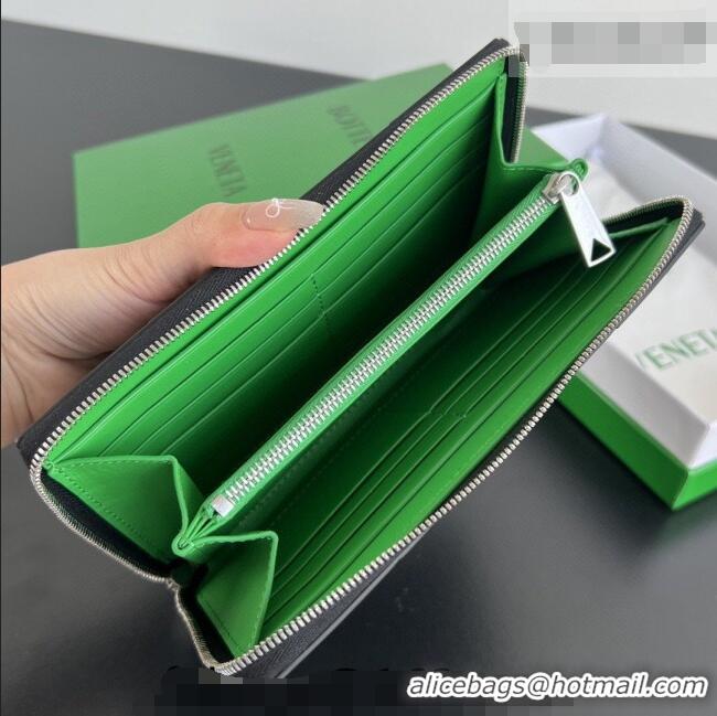 Unique Grade Bottega Veneta Men's Cassette Zip Around Wallet in Intreccio Leather 814649 Black/Green 2026