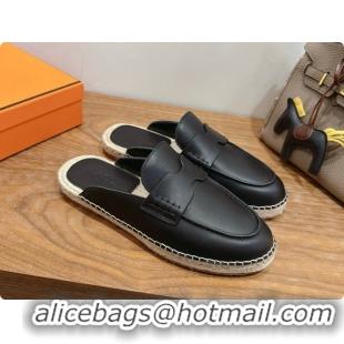 Best Quality Hermes Nil Espadrilles Mules in Black Smooth Calfskin H091541 2026