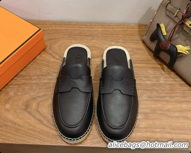 Best Quality Hermes Nil Espadrilles Mules in Black Smooth Calfskin H091541 2026