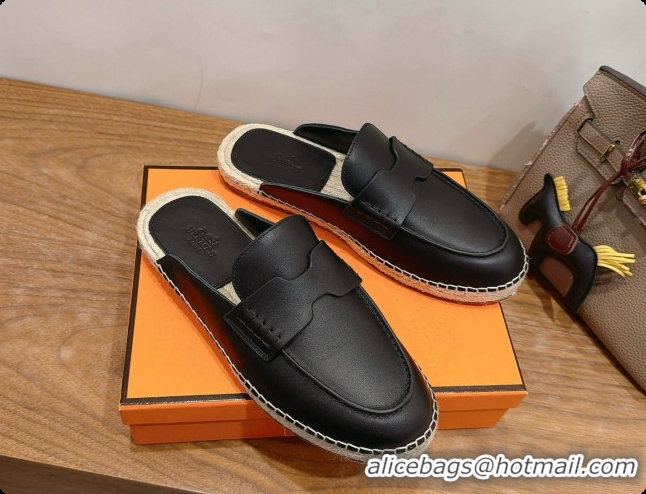 Best Quality Hermes Nil Espadrilles Mules in Black Smooth Calfskin H091541 2026