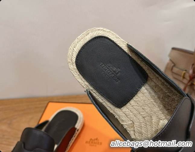 Best Quality Hermes Nil Espadrilles Mules in Black Smooth Calfskin H091541 2026