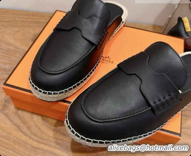 Best Quality Hermes Nil Espadrilles Mules in Black Smooth Calfskin H091541 2026
