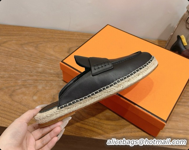 Best Quality Hermes Nil Espadrilles Mules in Black Smooth Calfskin H091541 2026