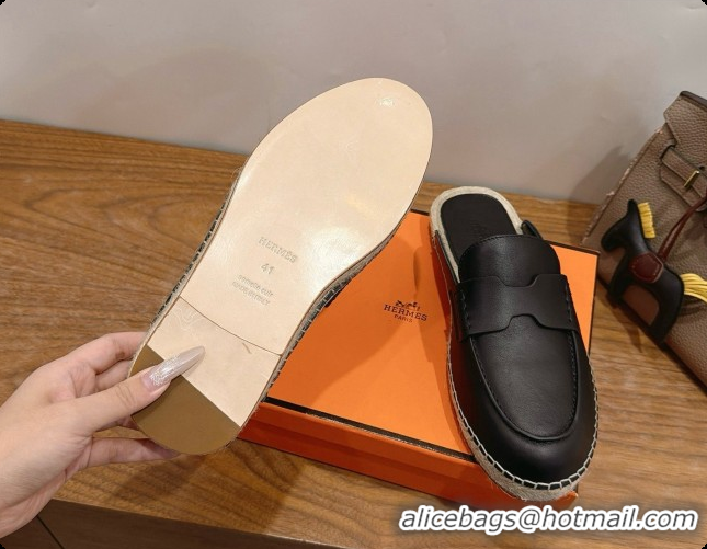 Best Quality Hermes Nil Espadrilles Mules in Black Smooth Calfskin H091541 2026