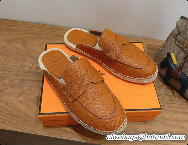 Best Price Hermes Nil Espadrilles Mules in Brown Grained Calfskin H091543 2026