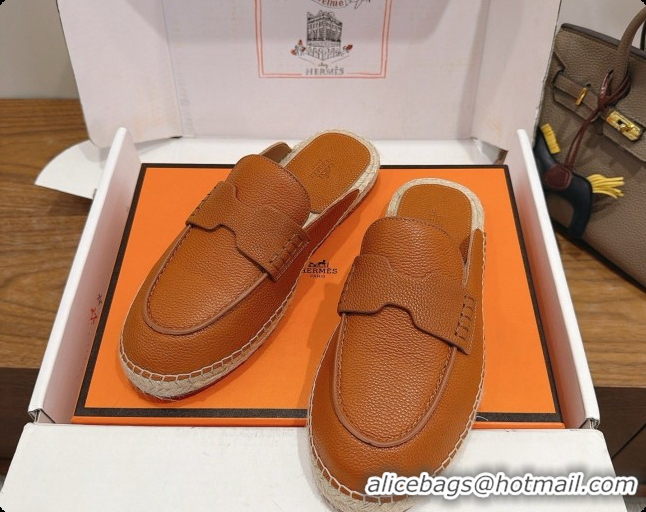 Best Price Hermes Nil Espadrilles Mules in Brown Grained Calfskin H091543 2026