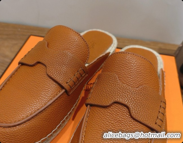 Best Price Hermes Nil Espadrilles Mules in Brown Grained Calfskin H091543 2026