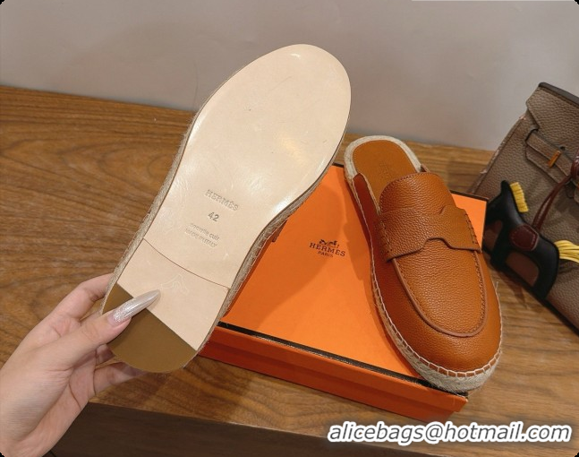 Best Price Hermes Nil Espadrilles Mules in Brown Grained Calfskin H091543 2026