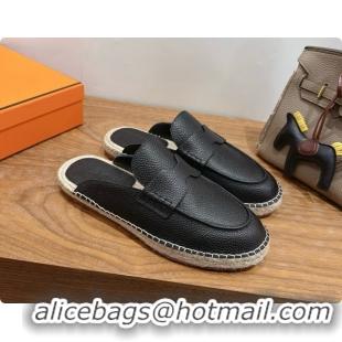 Luxury Hermes Nil Espadrilles Mules in Black Grained Calfskin H091544 2026