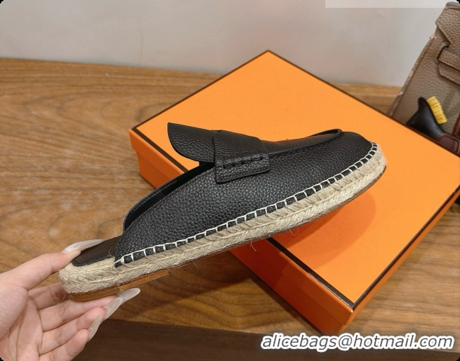 Luxury Hermes Nil Espadrilles Mules in Black Grained Calfskin H091544 2026