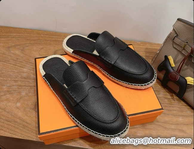 Luxury Hermes Nil Espadrilles Mules in Black Grained Calfskin H091544 2026