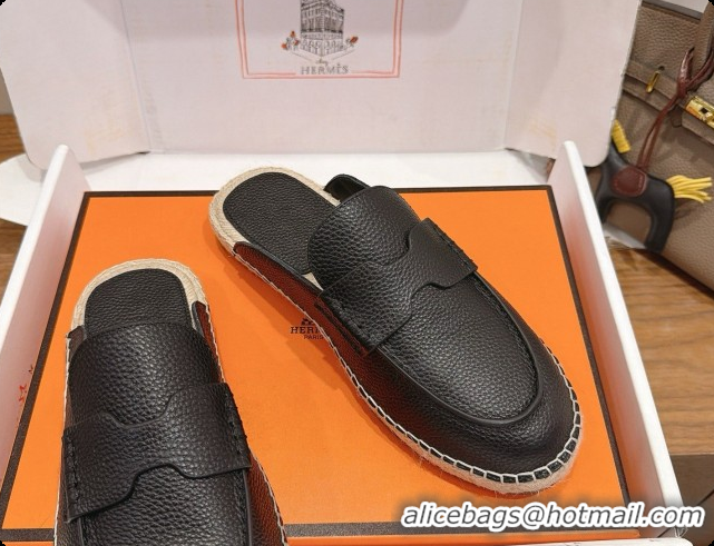 Luxury Hermes Nil Espadrilles Mules in Black Grained Calfskin H091544 2026