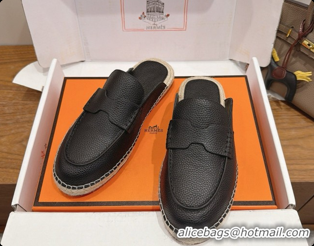 Luxury Hermes Nil Espadrilles Mules in Black Grained Calfskin H091544 2026