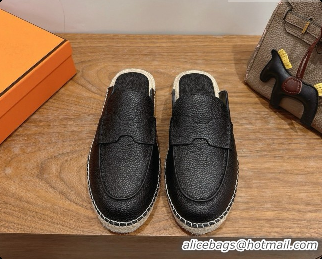 Luxury Hermes Nil Espadrilles Mules in Black Grained Calfskin H091544 2026