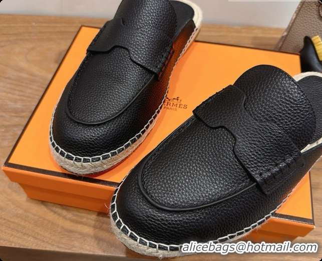 Luxury Hermes Nil Espadrilles Mules in Black Grained Calfskin H091544 2026