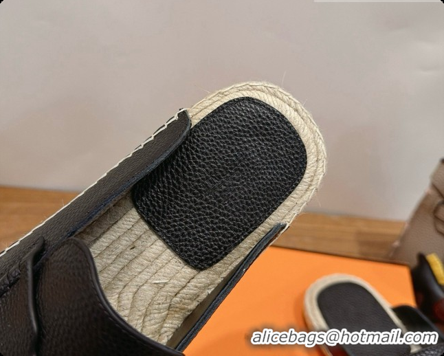 Luxury Hermes Nil Espadrilles Mules in Black Grained Calfskin H091544 2026