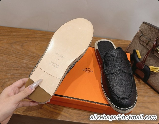 Luxury Hermes Nil Espadrilles Mules in Black Grained Calfskin H091544 2026