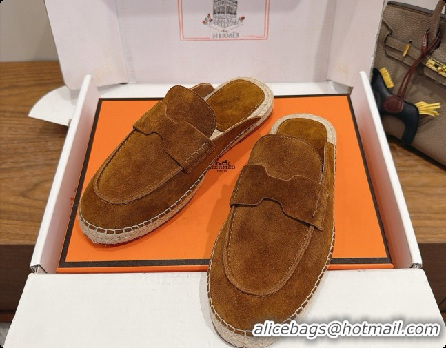 Stylish Hermes Nil Espadrilles Mules in Brown Suede Calfskin H091545 2026