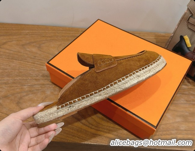 Stylish Hermes Nil Espadrilles Mules in Brown Suede Calfskin H091545 2026