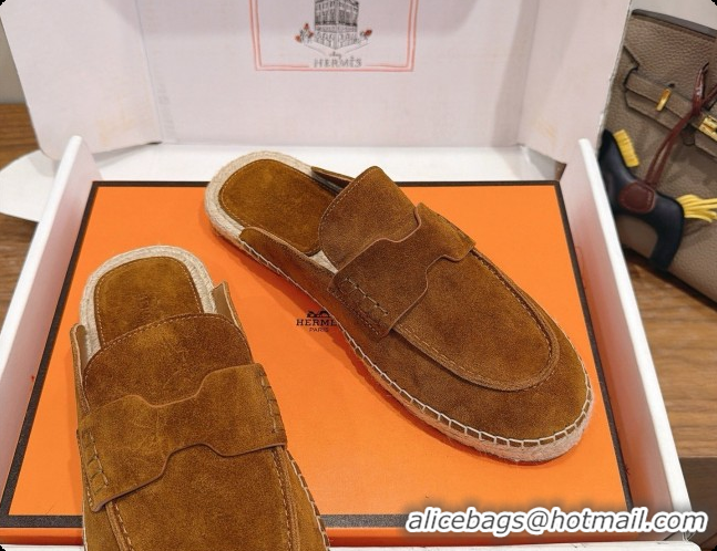 Stylish Hermes Nil Espadrilles Mules in Brown Suede Calfskin H091545 2026