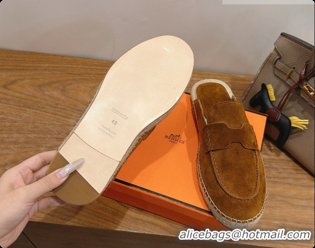 Stylish Hermes Nil Espadrilles Mules in Brown Suede Calfskin H091545 2026
