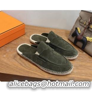 Discount Hermes Nil Espadrilles Mules in Dark Green Suede Calfskin H091546 2026