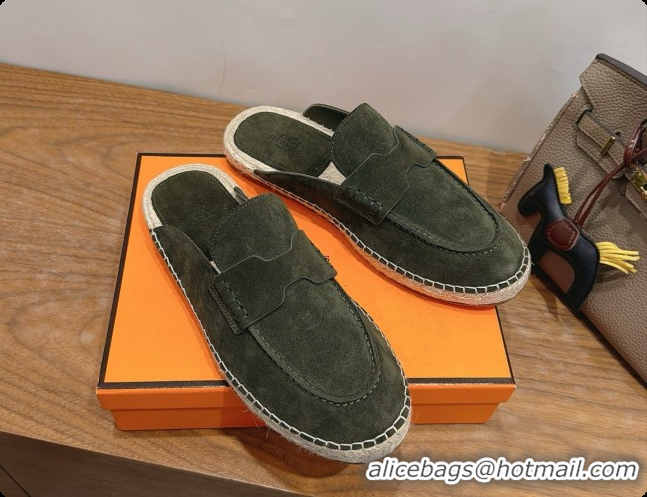 Discount Hermes Nil Espadrilles Mules in Dark Green Suede Calfskin H091546 2026