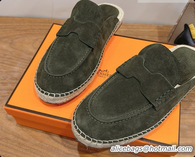 Discount Hermes Nil Espadrilles Mules in Dark Green Suede Calfskin H091546 2026