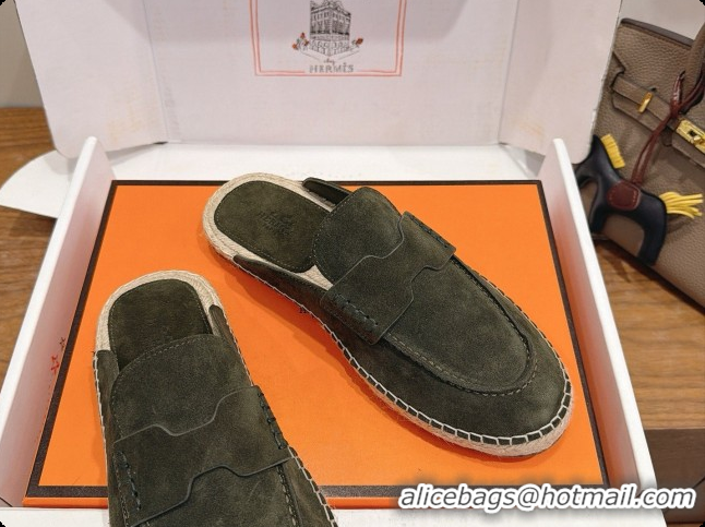 Discount Hermes Nil Espadrilles Mules in Dark Green Suede Calfskin H091546 2026